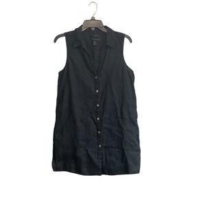 TAHARI Small 100% Linen Sleeveless Long Tunic Top Black Button Front
